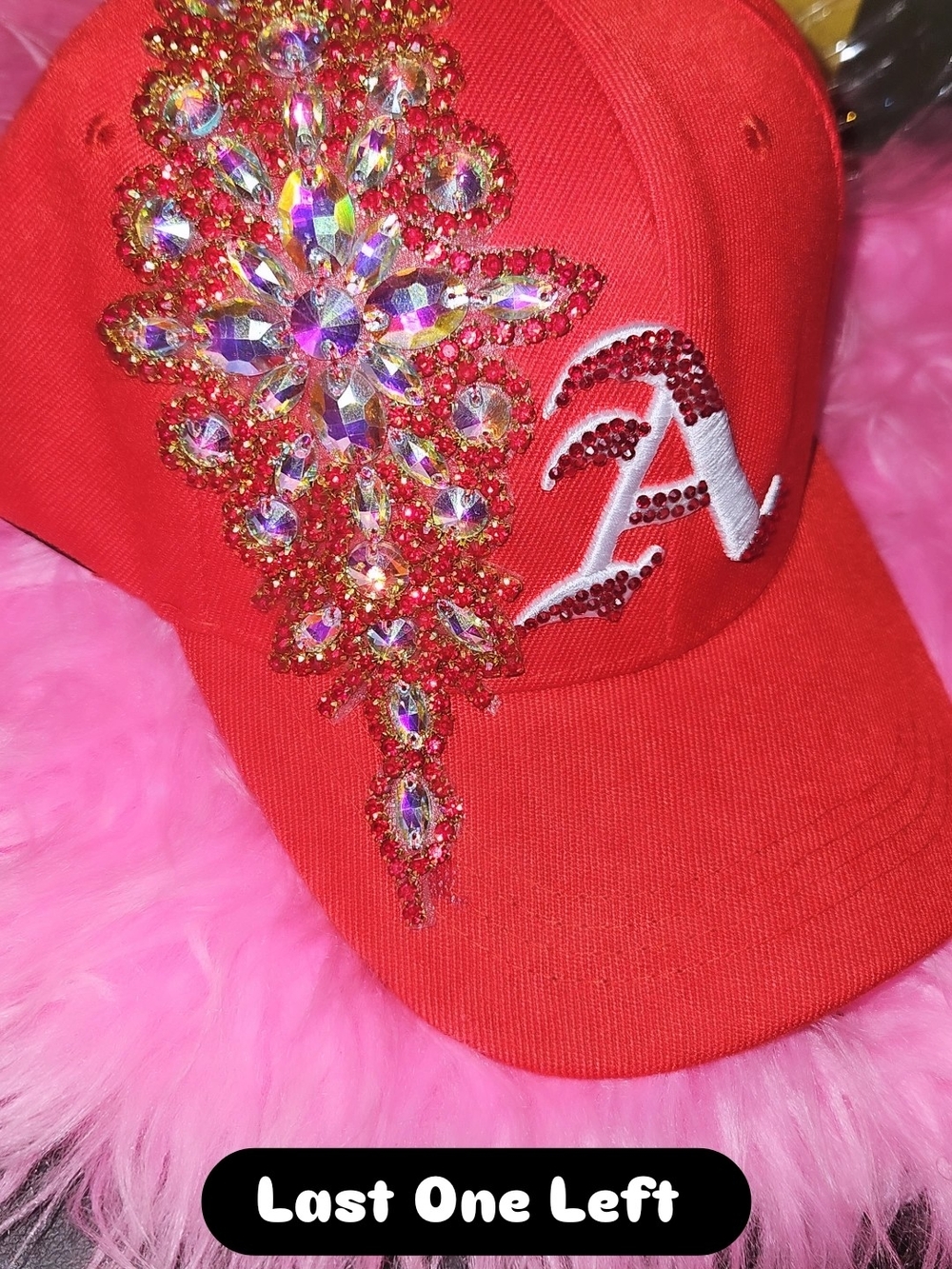Red Jeweled Baseball Cap with Crystal Floral Appliqué - Unbranded